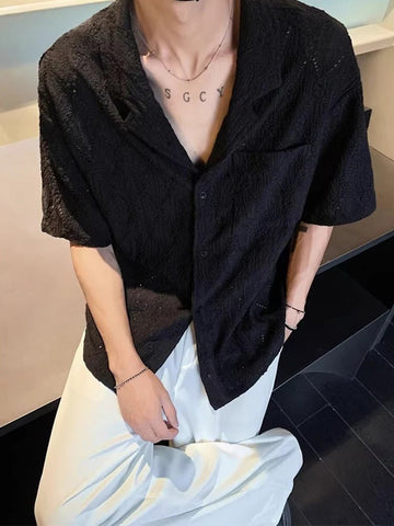 AIDASE  -  Fashionable Short Sleeve Buttoned Turn-down Collar Shirt Summer Men Casual Knit Cardigans Vintage Hollow Out Knitted Shirts Mens aidase-shop